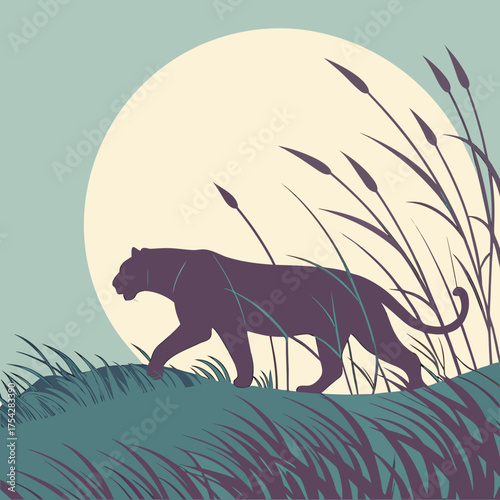 Vector art of panther walking in the grass