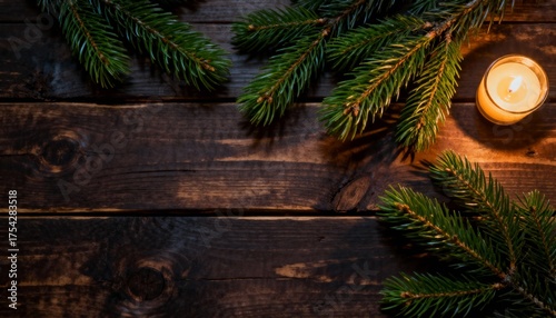 Pine branches and burning candle on dark wooden background. Warm cozy Christmas and New Year composition, festive winter home decor concept.