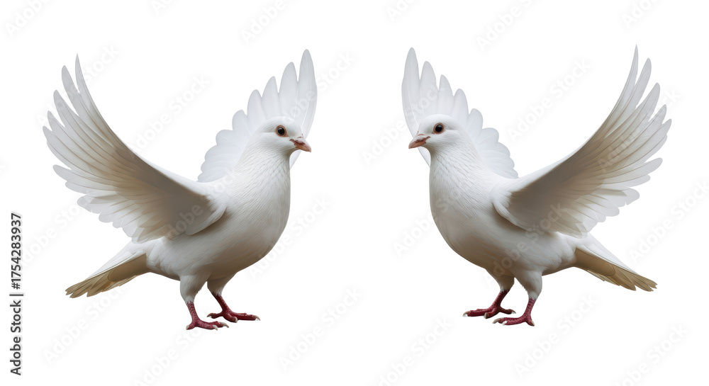 Fototapeta premium Two White Doves With Crested Feathers Standing Side By Side Isolated On A Transparent Background
