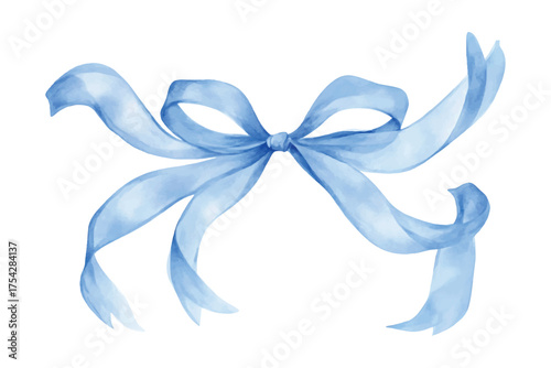 Delicate watercolor blue ribbon bow with flowing tails on a watercolor illutrastion transparent background