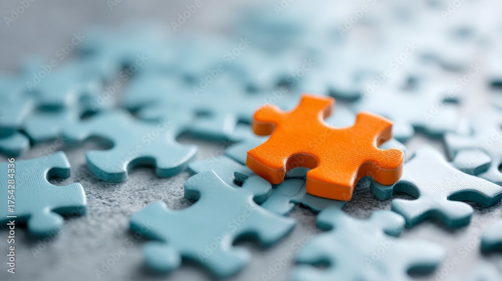 Fototapeta premium Bright orange puzzle piece standing out among many blue connected pieces on textured surface with copy space for creative composition