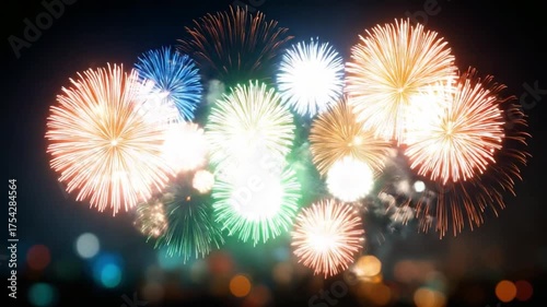 Fireworks Display at Night: A dazzling array of colorful fireworks explodes against the backdrop of the night sky, illuminating the darkness with bursts of light and vibrant hues.