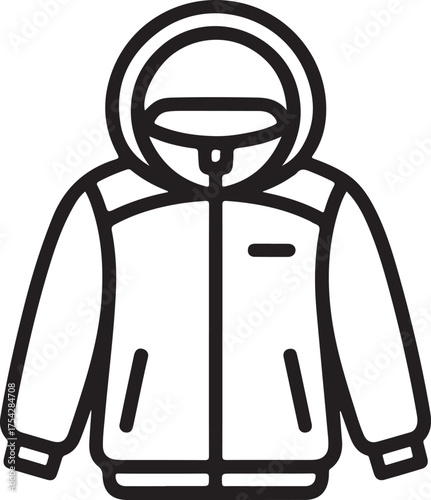 Black and white outline icon of a puffer jacket with a chest pocket