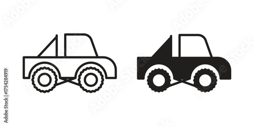 Monster truck icon set in flat and line style vectors