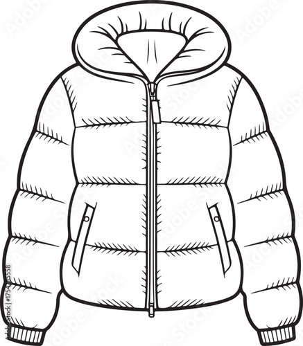 Line Art Puffer Jacket with Hood and Zipper winter coat