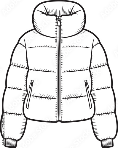 Outline Drawing of a Puffer Jacket with High Collar