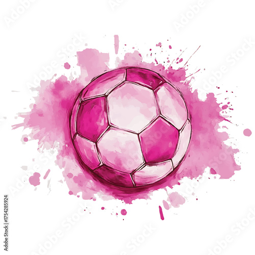 Pink watercolor soccer ball with paint splatters and splashes watercolor illutrastion transparent background