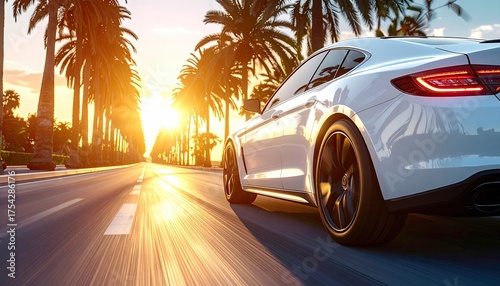 Fototapeta Naklejka Na Ścianę i Meble -  White Sports Car Driving on Coastal Road Lined with Palm Trees During Golden Hour Sunset With Ocean View