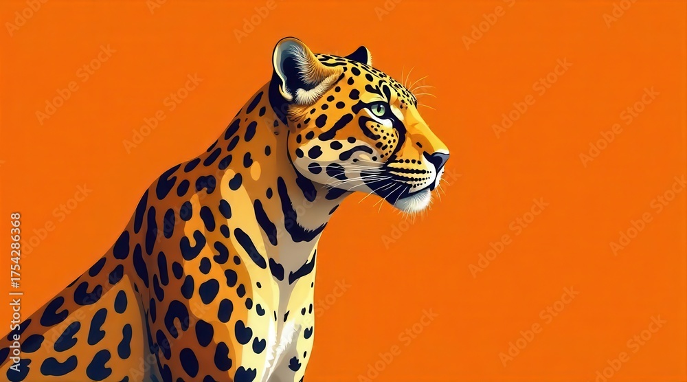 Naklejka premium A majestic feline predator showcasing a distinctive spotted coat and piercing emerald eyes, rendered with striking graphic appeal against a bold orange background.