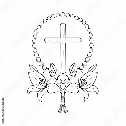 Christian Cross and Rosary Beads with Lily Flowers Outline Drawing