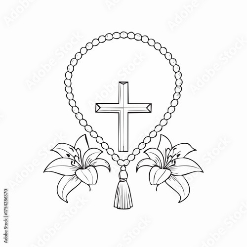 Religious Rosary Beads and Cross with Lily Flowers Line Art