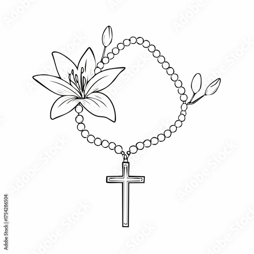 Catholic Rosary Beads and Cross with Lily Flower Line Art