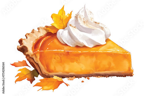 Slice of pumpkin pie with whipped cream and autumn leaves watercolor illutrastion transparent background