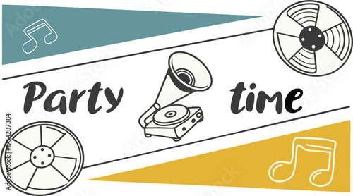 Celebrate with retro music! Vintage phonograph and reels set the mood for a fun party time event invitation or announcement, scalable vector graphic