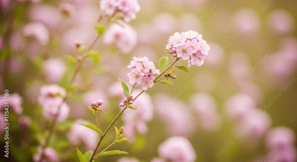 Fototapeta premium Delicate Pink Flowers Blooming in a Softly Lit Garden.