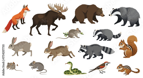 A delightful collection of woodland animals in a pixel art style featuring various mammals and a bird.