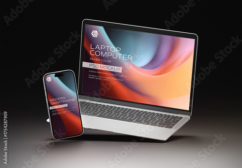 Floating Mobile Phone and Laptop Mockup on Black