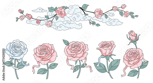 A collection of delicate pink and blue roses with light green leaves and flowing ribbons.