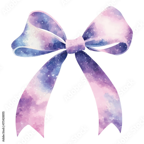 Watercolor galaxy bow with purple and blue hues and white watercolor illutrastion transparent background