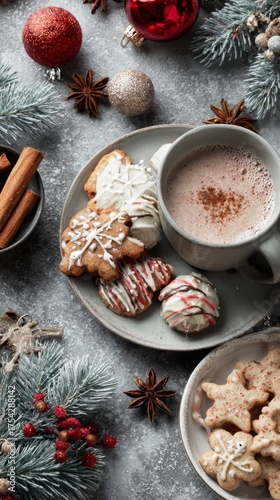 Flat lay of Christmas cookies and hot cocoa
