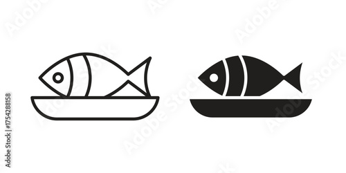 Cooked fish icon set in flat and line style vectors