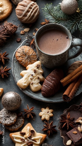 Flat lay of Christmas cookies and hot cocoa