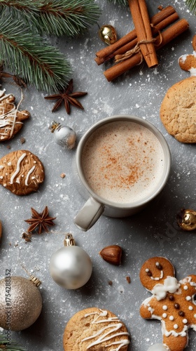 Flat lay of Christmas cookies and hot cocoa