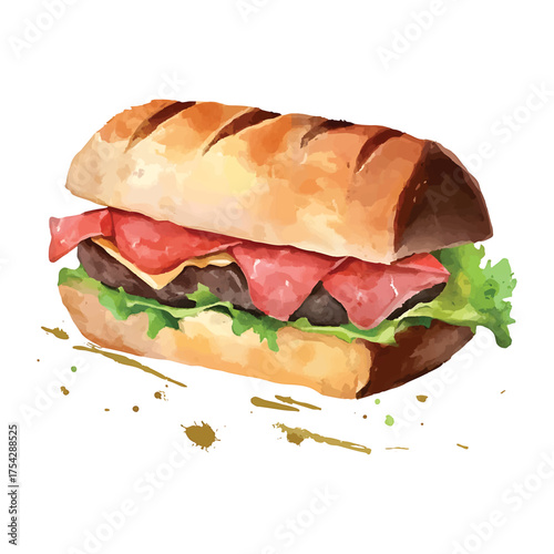 Watercolor illustration of a delicious sub sandwich with meat watercolor illutrastion transparent background