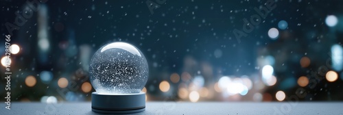 Snow globe on wintery night with city lights in background