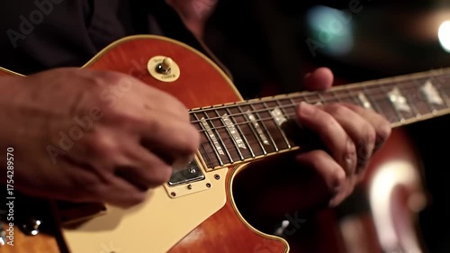 Hands strum an amber electric guitar neck, metallic fretboard and body in soft light