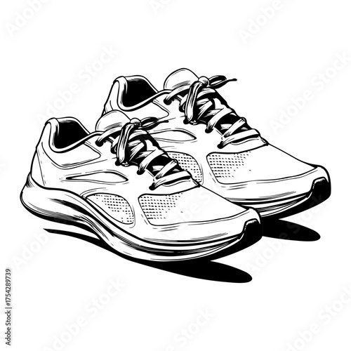 Running shoes pair hand drawn line art on white background , vector illustration design.