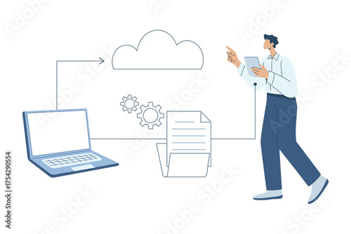 Businessman with tablet connecting document file to cloud icon, data cloud services, digital data transfer innovation. Flat Vector Illustration.