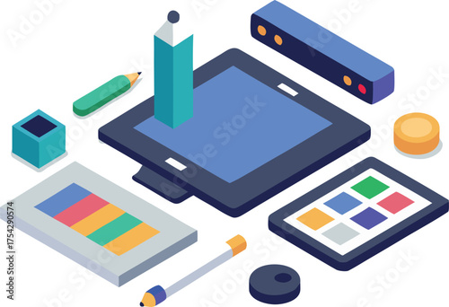 Isometric designer workspace with digital tablet pens and sketchpad vector illustration
