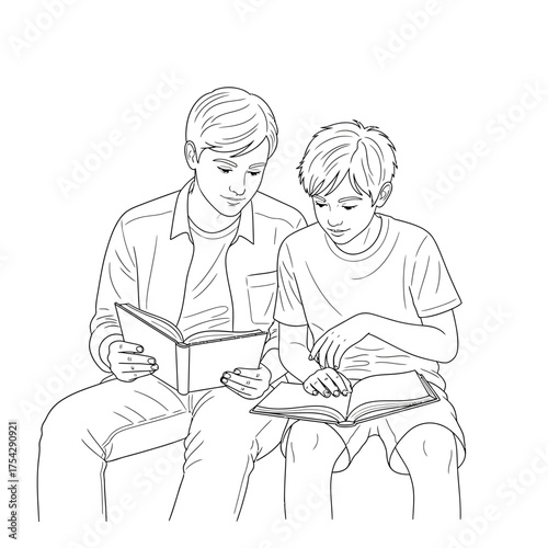 Father and Son Reading Together Line Art Illustration Focused on Books Casual Clothing.