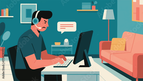 illustration of A customer with a frustrated expression is typing a complaint. The support agent is calmly and empathetically typing a response.eps