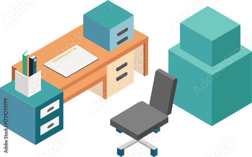 Isometric office workspace with desk chair filing cabinet and supplies vector illustration
