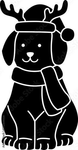 Cute dog with Christmas hat and deer antlers silhouette.
Puppy dressed for Christmas isolated.
Transparent background.