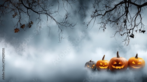 Spooky forest scene on Halloween night featuring glowing jack-o-lanterns in fog and shadows for festive celebrations