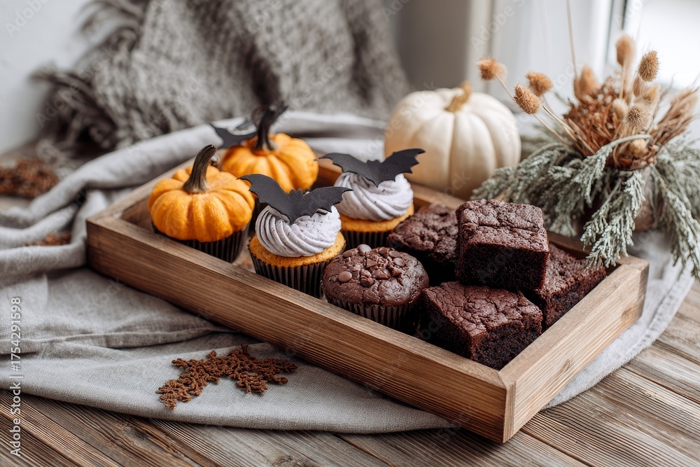 Fototapeta premium Rustic wooden tray filled with seasonal treats including bat-shaped cookies, pumpkin muffins, and brownies perfect for fall gatherings