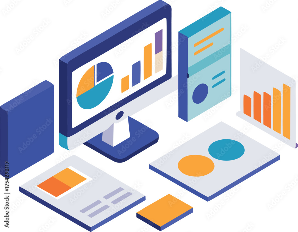 Fototapeta premium Isometric office workstation setup with dual monitors charts and data visualization vector illustration