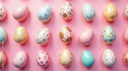 A beautiful collection of gracefully decorated pastel eggs showcasing delicate floral and botanical patterns meticulously arranged on a vibrant pink background for a charming festive display.