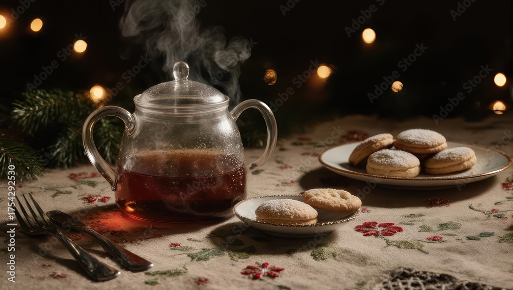 Fototapeta premium Cozy Tea Time - Steaming Teapot and Delicious Cookies.