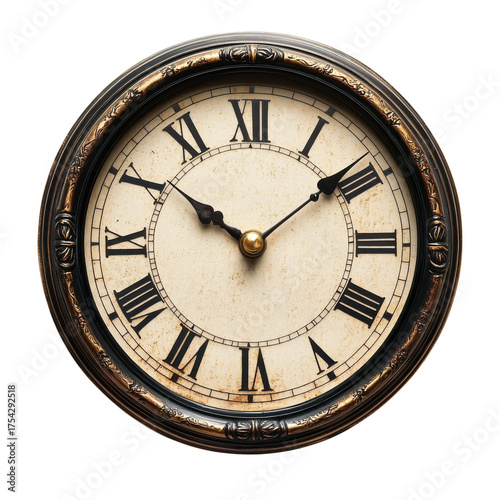 Vintage wall clock with Roman numerals, antique round timepiece in gold and black, classic home decor accent isolated PNG with Transparent Background