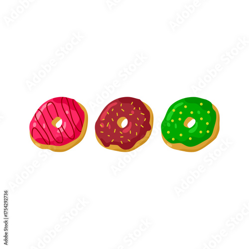 Colorful Donuts with Icing and Sprinkles – Sweet Dessert Trio on Clean White Background