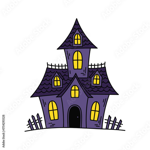 Wallpaper Mural Spooky Purple Haunted House Cartoon Illustration with Yellow Windows and Fence Torontodigital.ca