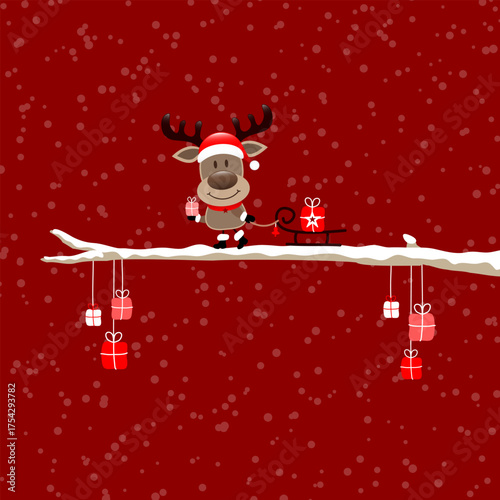 Rentier Geschenk Auf Baum Zieht Schlitten Schnee Rot