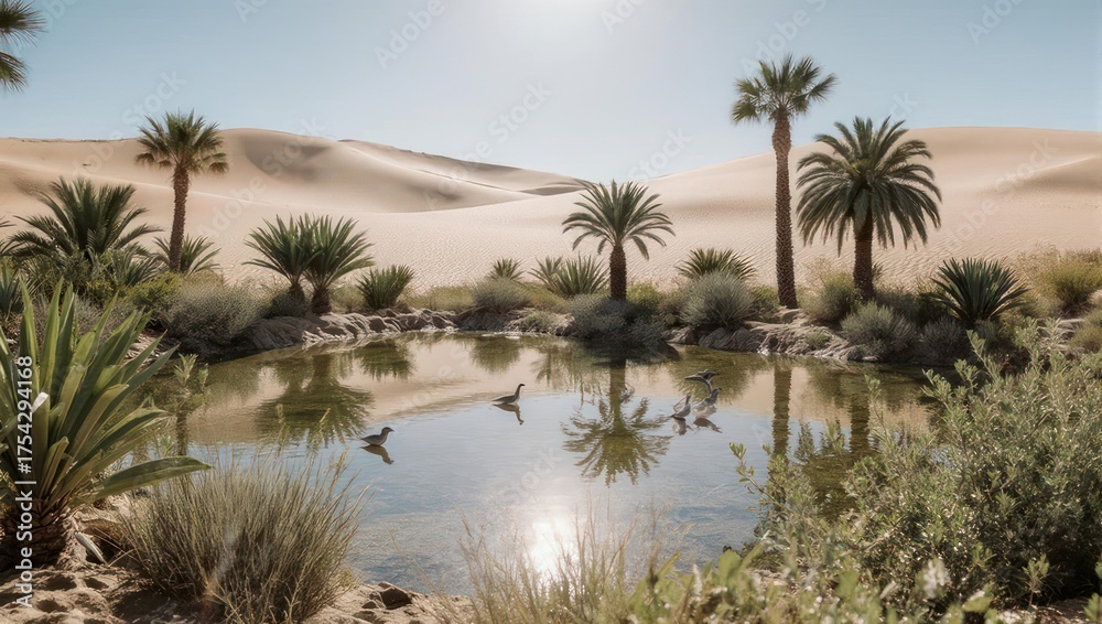 Obraz premium Desert oasis scene with clear water, palm trees, sand dunes, and birds bathing under sunlight