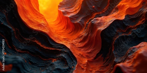 A subterranean landscape of glowing molten orange and deep dark textures creating an abstract, undulating, and dramatically contrasting fiery surface with intense powerful elemental energy.