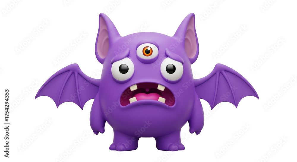 Fototapeta premium Isolated Purple Three-Eyed Monster With Wings, Sad Expression, and Pointed Ears in Cartoon Style