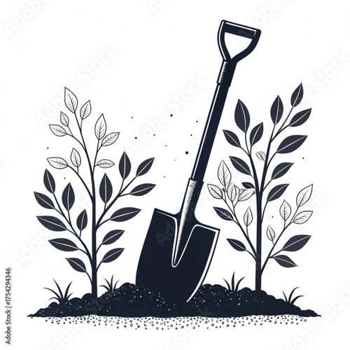 Gardening Shovel & Growing Plants Illustration